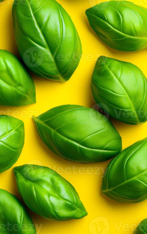 Basil leaves on yellow. Fresh basil on a bright yellow surface creates a vibrant composition perfect for culinary themes. photo