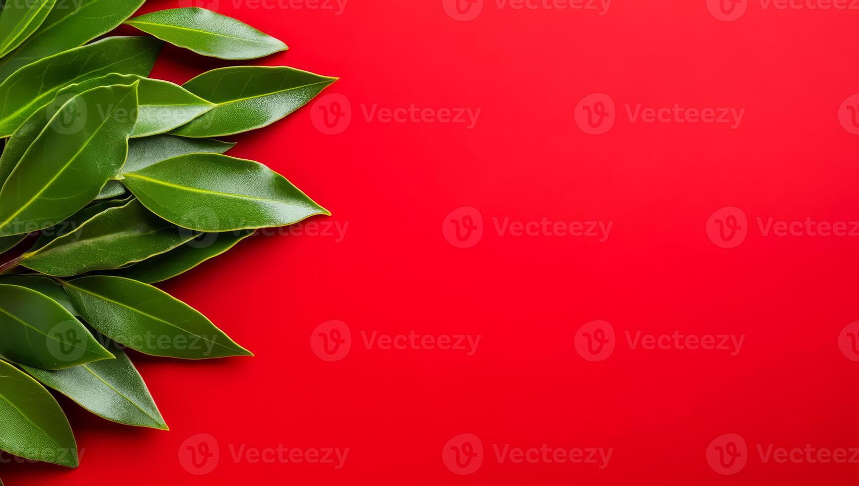 Green leaves on red background. Bright green leaves create a striking contrast on a vivid red background, showcasing the beauty of nature's colors. photo