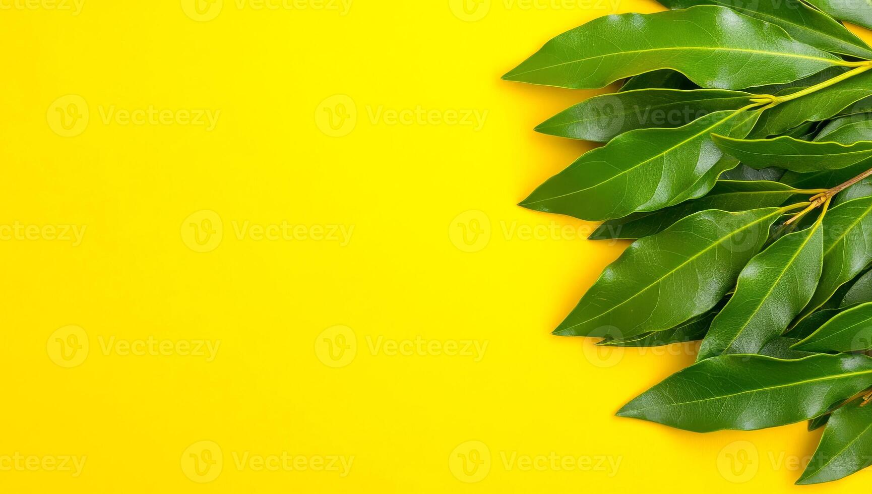 Green leaves on yellow background. Vibrant green leaves are arranged diagonally against a bright yellow background, creating a lively contrast. photo