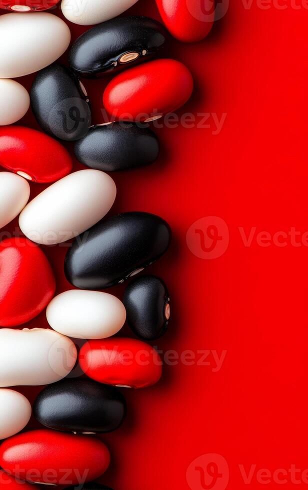 Vibrant beans on bright bg. A mix of white, black, and red beans contrasts vividly against a bright red surface. photo