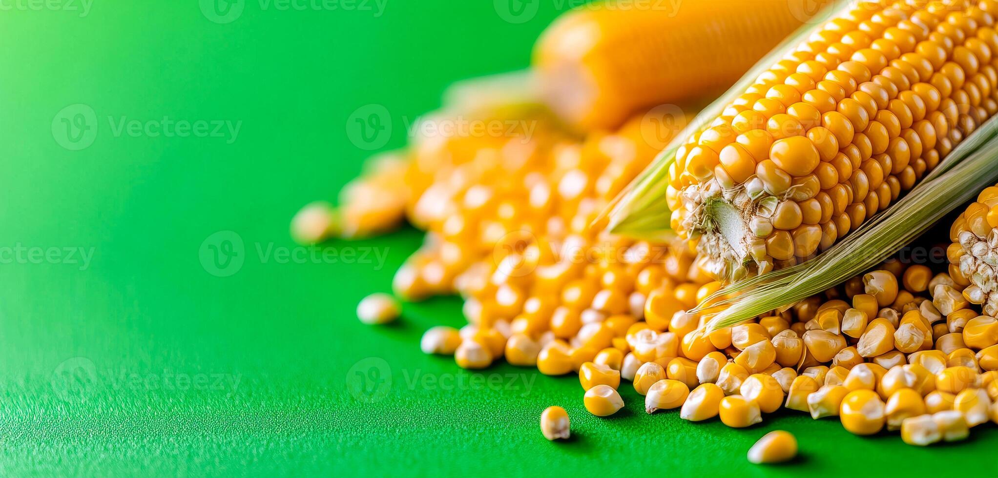 Fresh corn on green surface. Bright yellow corn kernels on a vibrant green surface, with cobs peeking through, showcasing freshness and color. photo