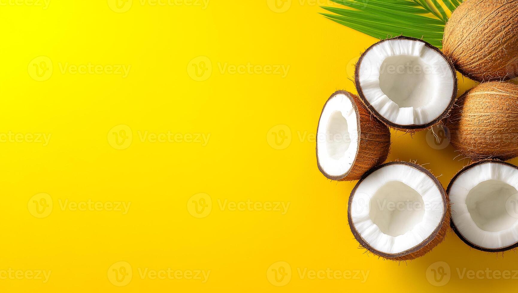 Coconuts on yellow backdrop. Sliced coconuts display white flesh on a bright yellow backdrop, highlighting tropical essence and freshness. photo