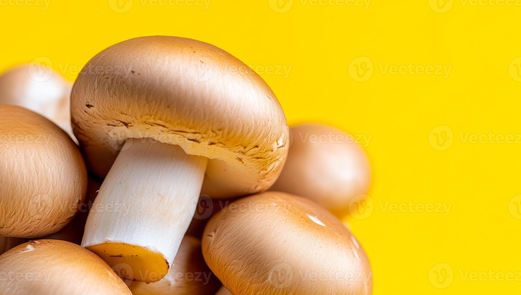 Mushrooms on bright yellow background. Fresh mushrooms with smooth, golden caps stand out against a vibrant yellow background, highlighting their texture. photo