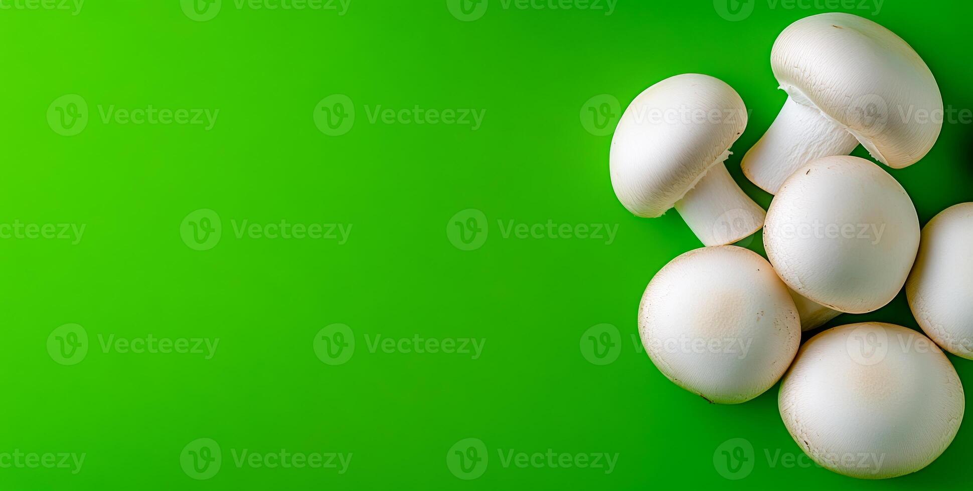 Mushrooms on green backdrop. Fresh white mushrooms arranged on a bright green surface, showcasing their smooth texture and natural color. photo