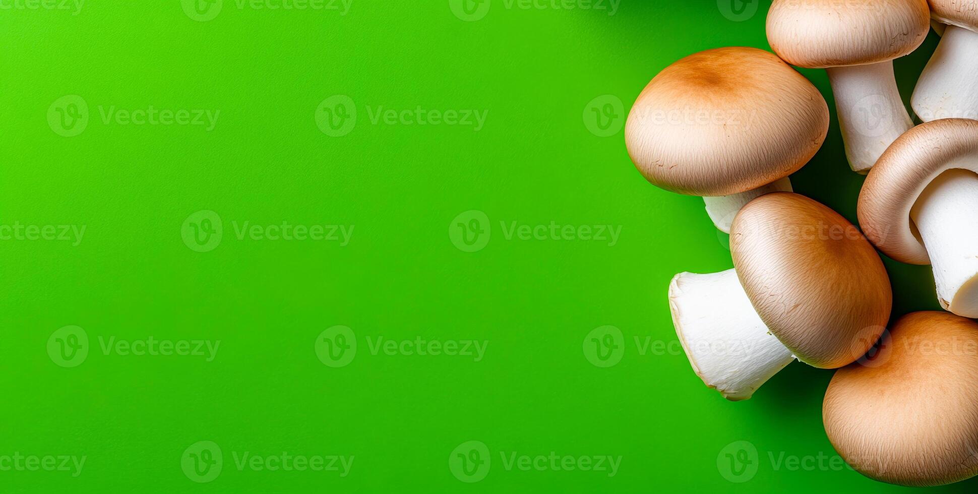 Mushrooms on green surface. Fresh mushrooms with smooth brown caps are scattered on a vibrant green background, showcasing their natural beauty. photo