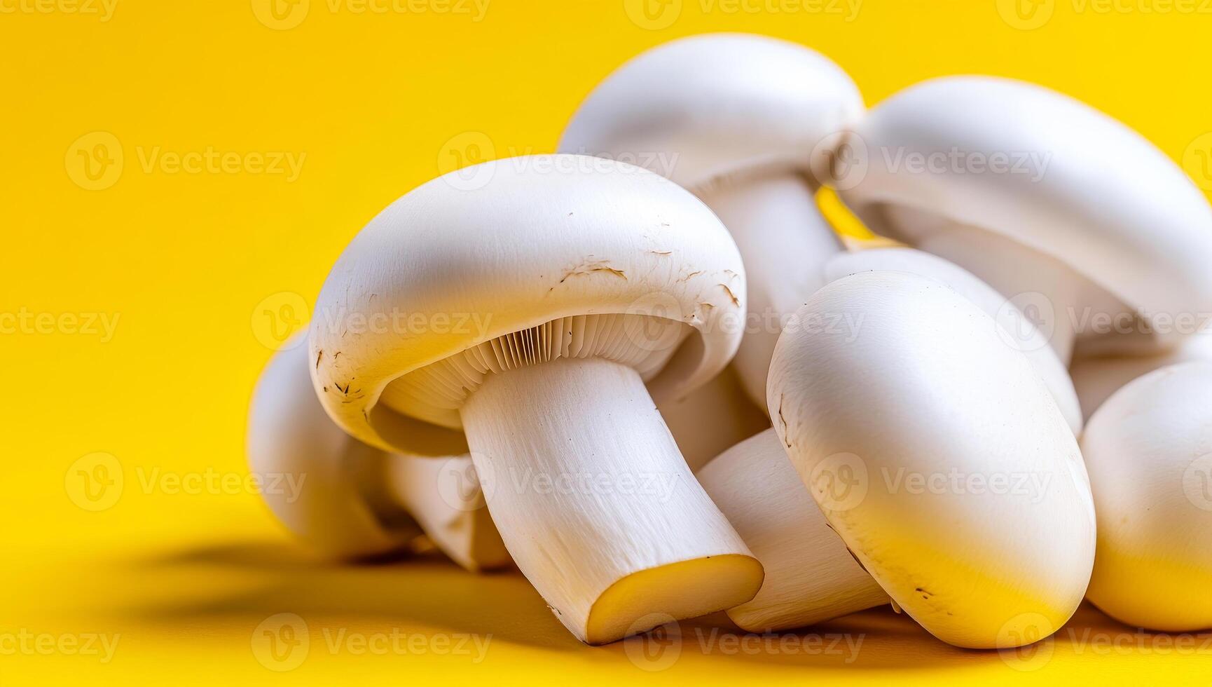 Mushrooms on bright yellow. A pile of fresh white mushrooms rests atop a bright yellow background, showcasing their clean and smooth texture. photo