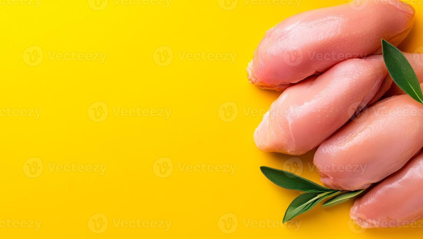 Fresh chicken on a bright bg. Raw chicken breasts on a bright yellow surface, garnished with green leaves for a fresh look. photo