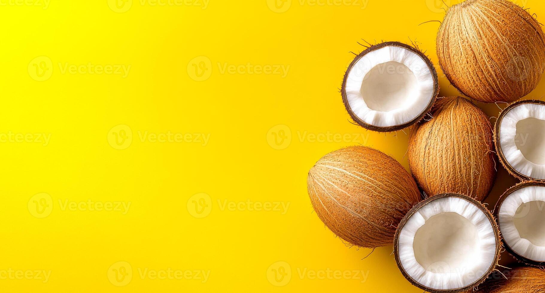 Coconuts on yellow backdrop. Brown coconuts with white flesh are arranged on a bright yellow surface, showcasing their tropical appeal. photo