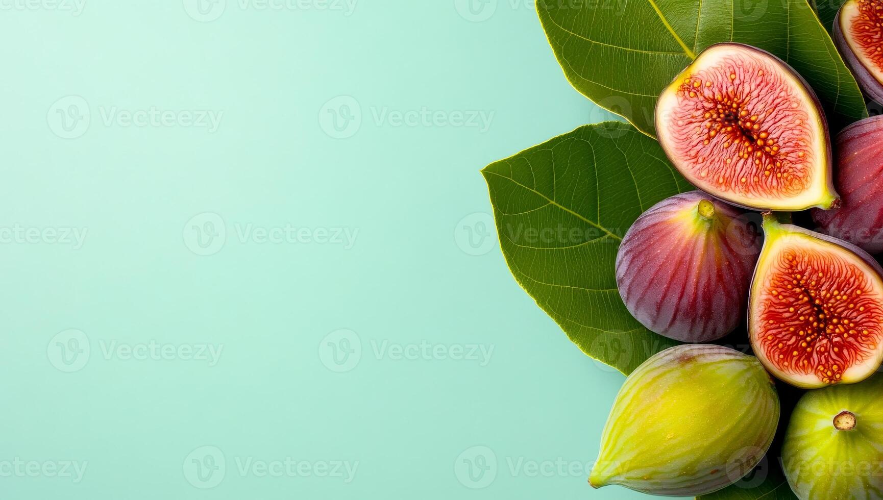 Fresh figs arranged on green leaves. Brightly colored figs are displayed on large green leaves against a light background, showcasing their natural beauty. photo