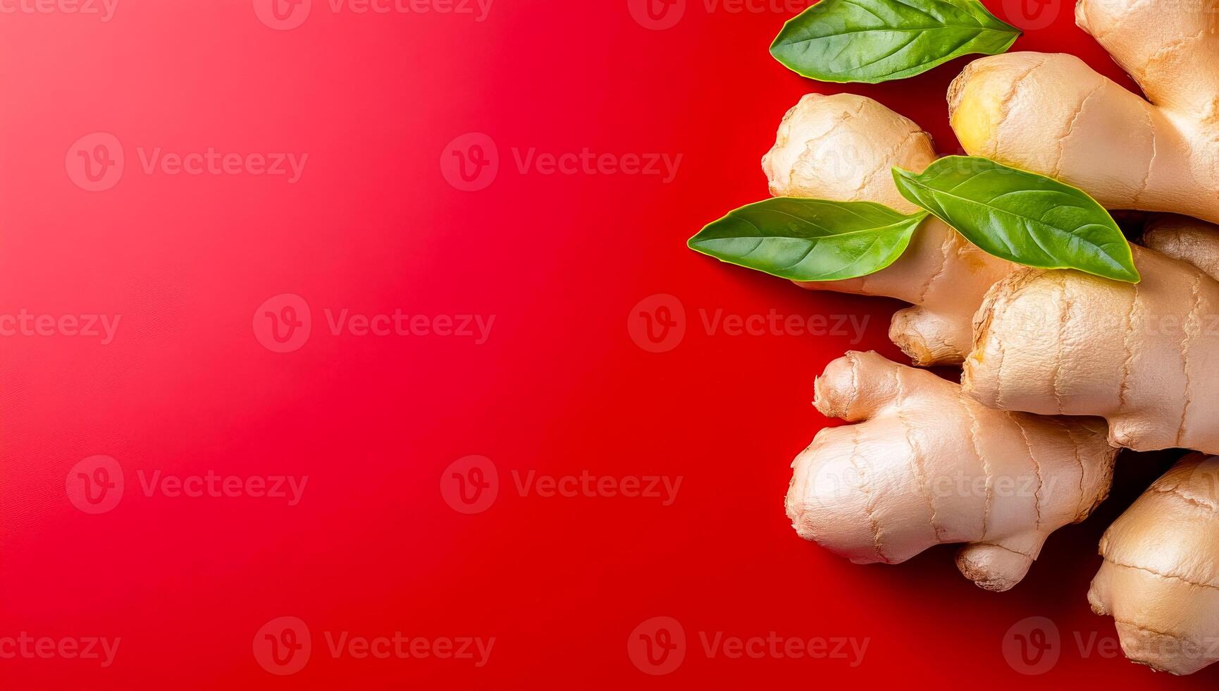 Ginger roots and basil on red. Fresh ginger roots arranged on a vibrant red background, accompanied by bright green basil leaves for contrast. photo
