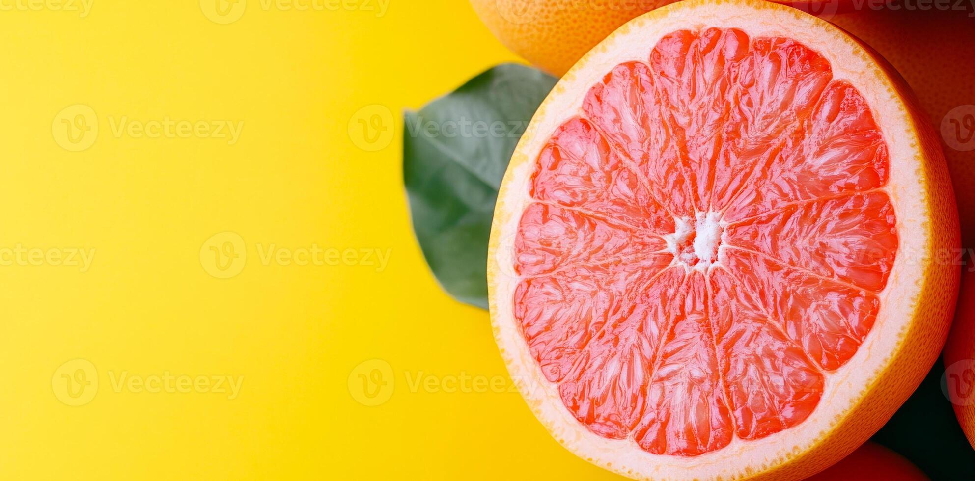 Bright yellow with grapefruit. A fresh grapefruit reveals its juicy pink interior against a vibrant yellow backdrop, highlighting its allure. photo