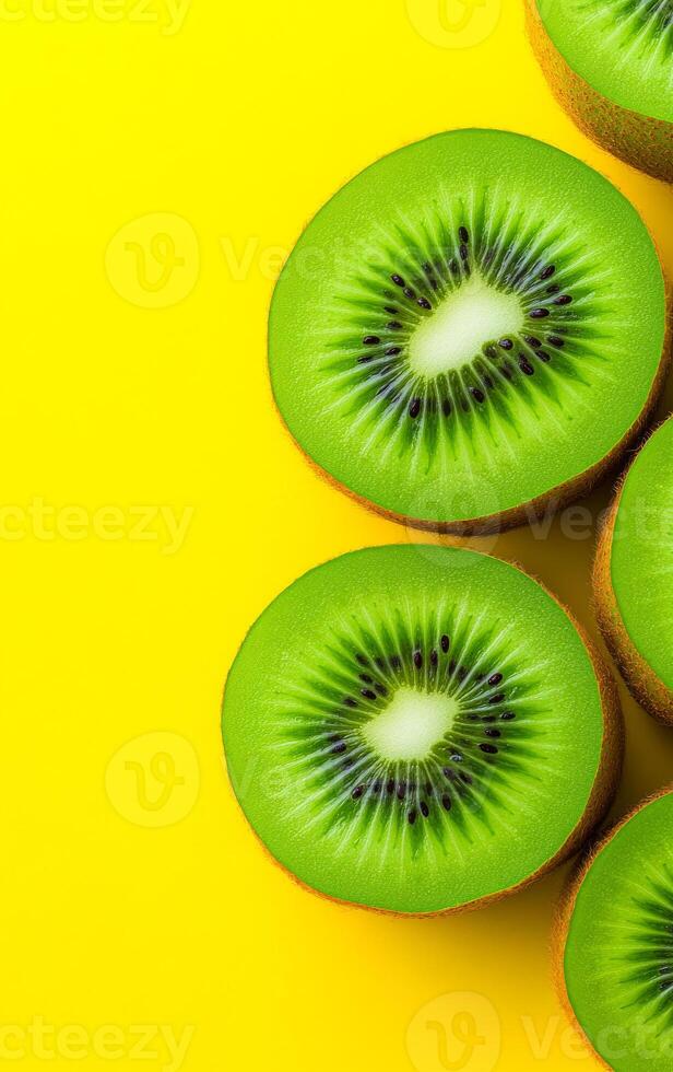 Kiwi slices on yellow backdrop. Fresh green kiwi slices display vivid textures against a bright yellow background, highlighting their juicy interior. photo