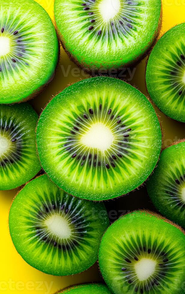 Sliced kiwis on a bright backdrop. Vibrant green kiwis are sliced open, showcasing their juicy interior and unique pattern, on a sunny yellow surface. photo