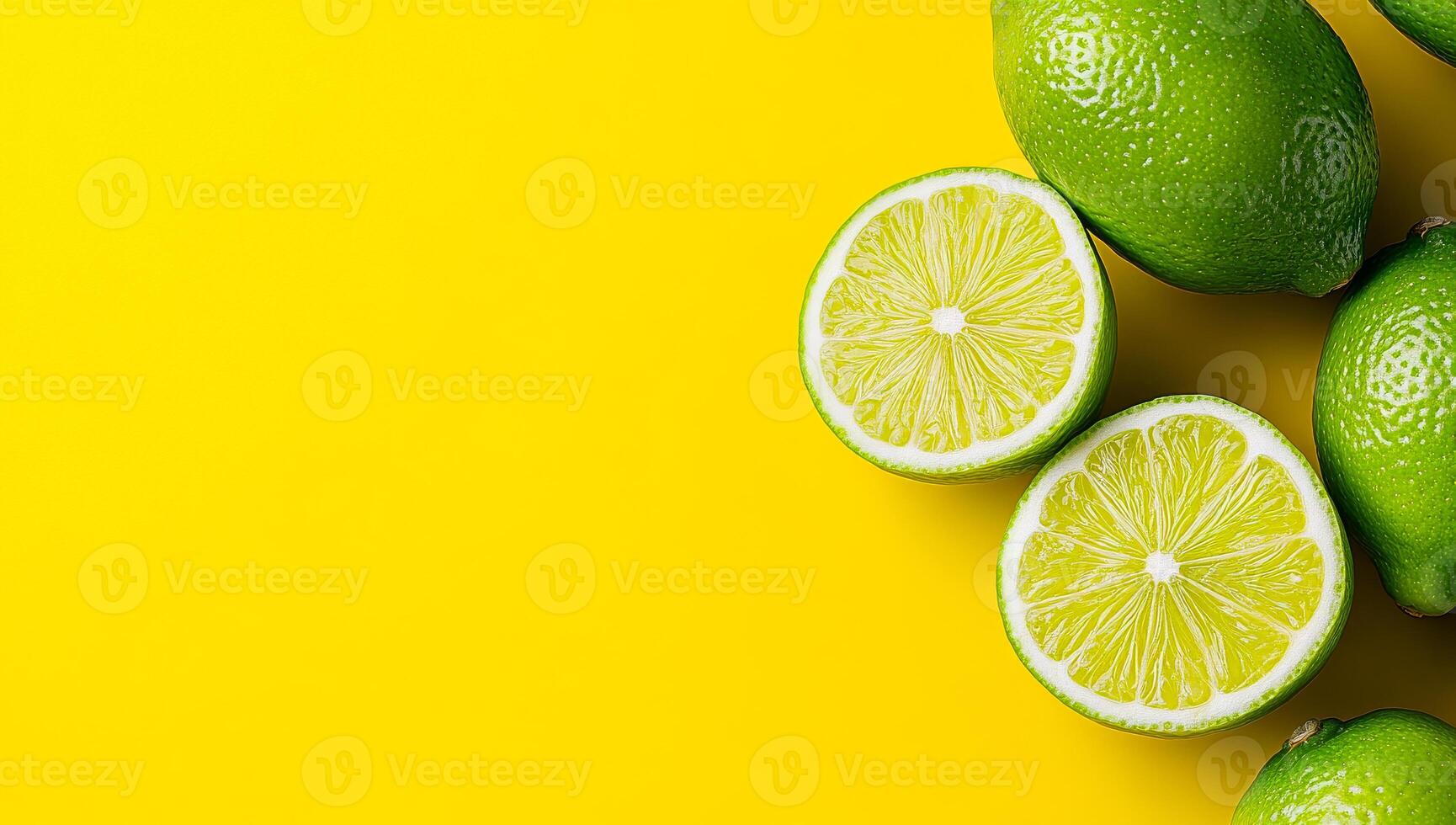 Fresh limes on vibrant yellow background. Bright green limes are arranged on a sunny yellow background, showcasing one lime sliced in half. photo
