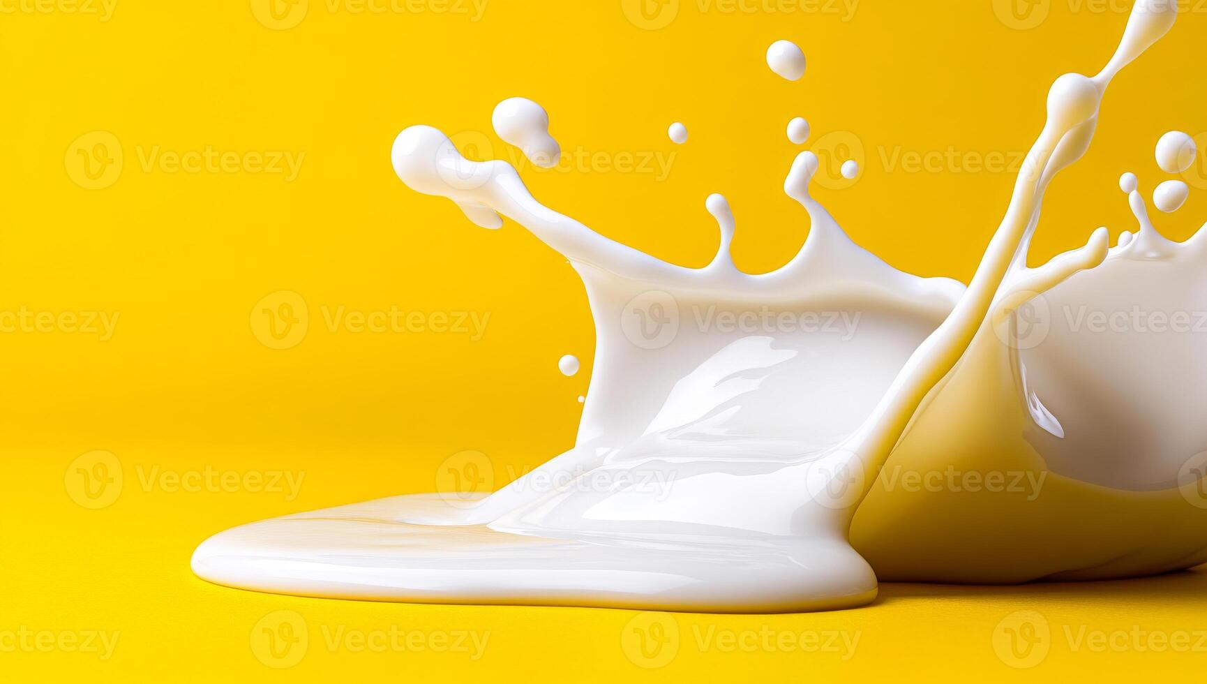 Milk splash on yellow backdrop. Milk splashes dramatically against a vibrant yellow backdrop, creating an engaging visual contrast and texture. photo