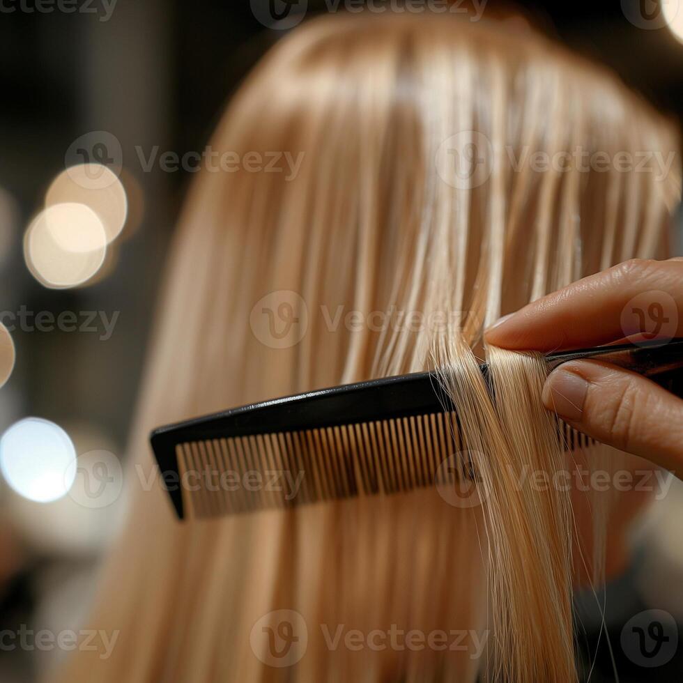 Hair styling session in a salon with close-up of a comb gliding through long blonde hair photo
