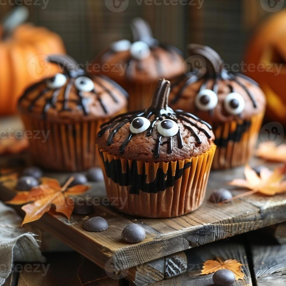 Halloween themed cupcakes decorated with chocolate and candy eyes displayed on a rustic wooden table with autumn leaves photo
