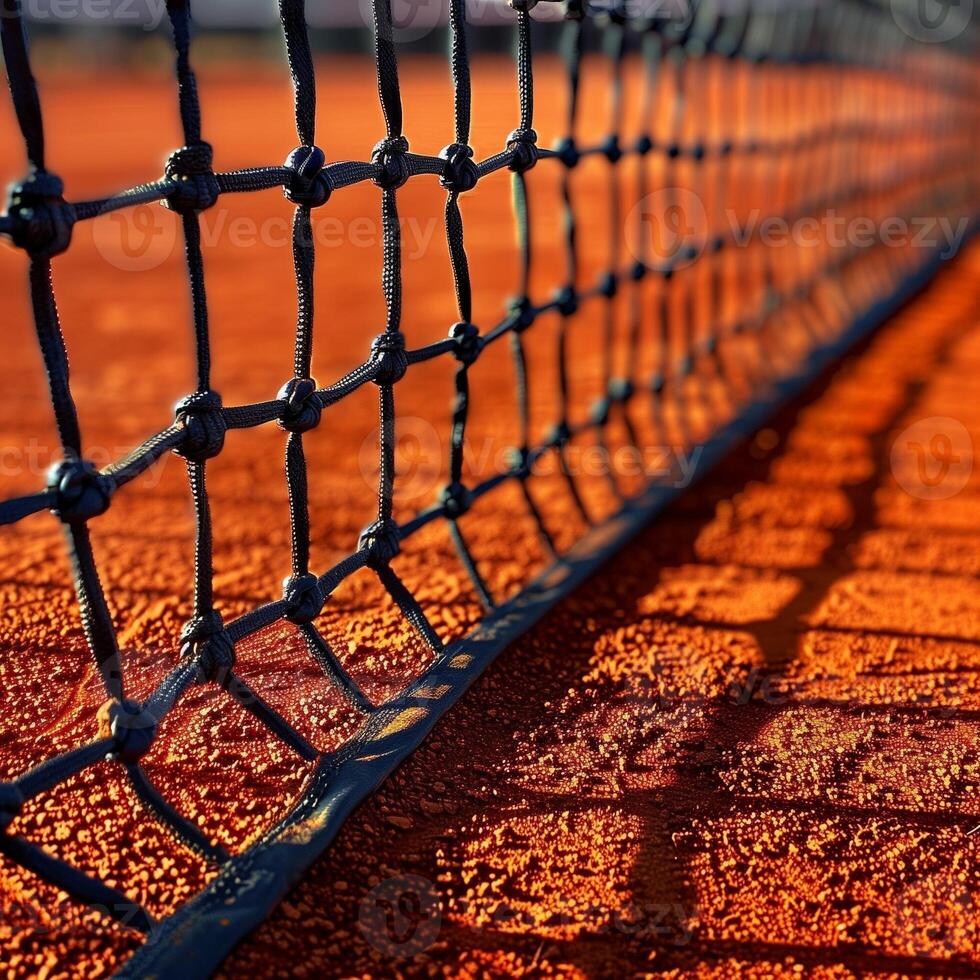 Close view of tennis net on clay court showcasing fine details during a sunny afternoon match photo