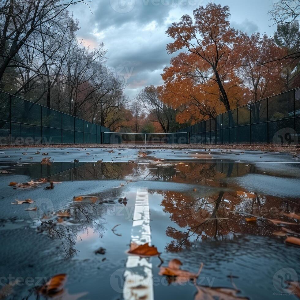 Autumn leaves and puddles on an empty tennis court after rain in a quiet park photo