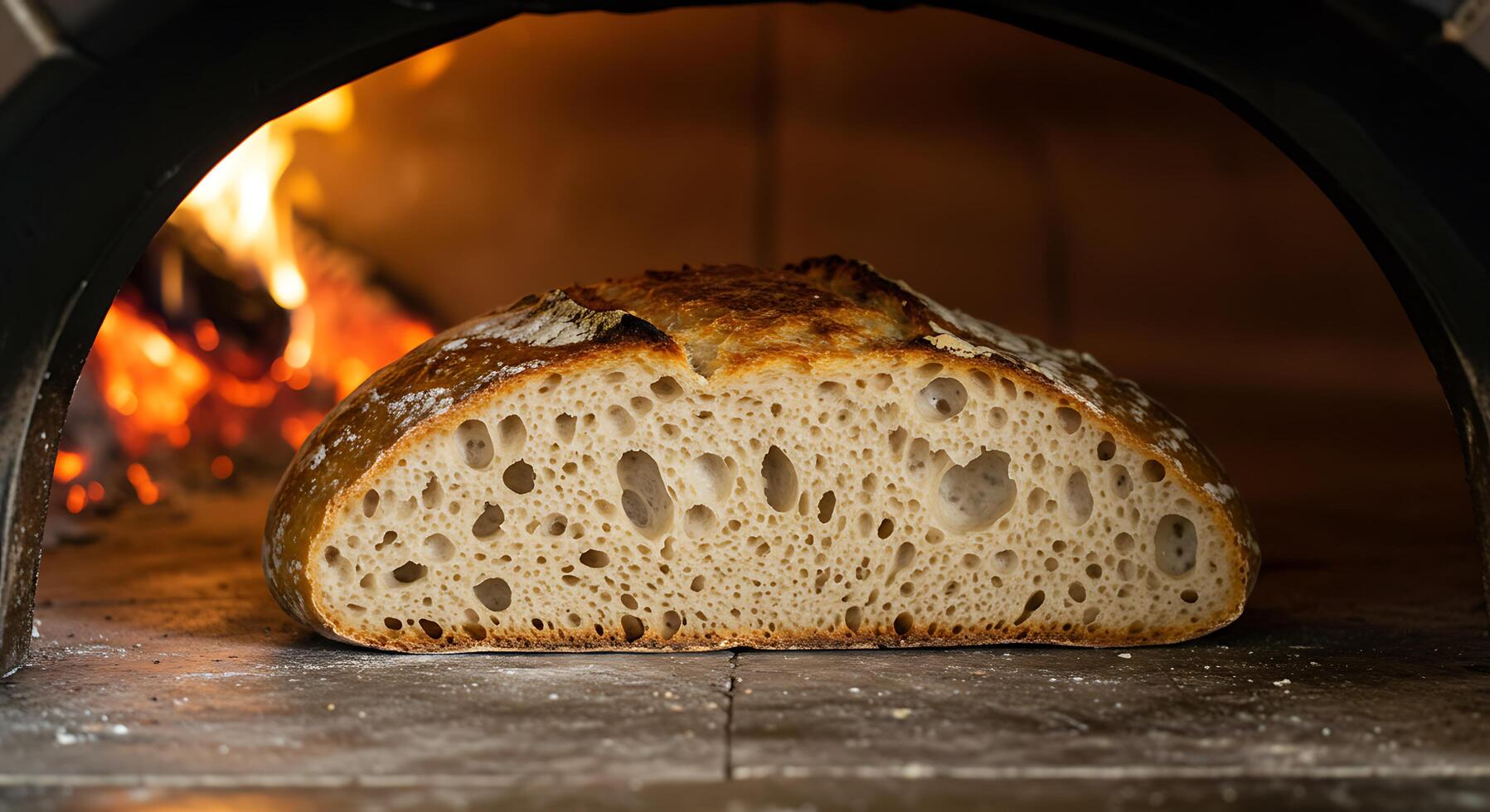 A loaf of bread is sitting in a wood fired oven photo