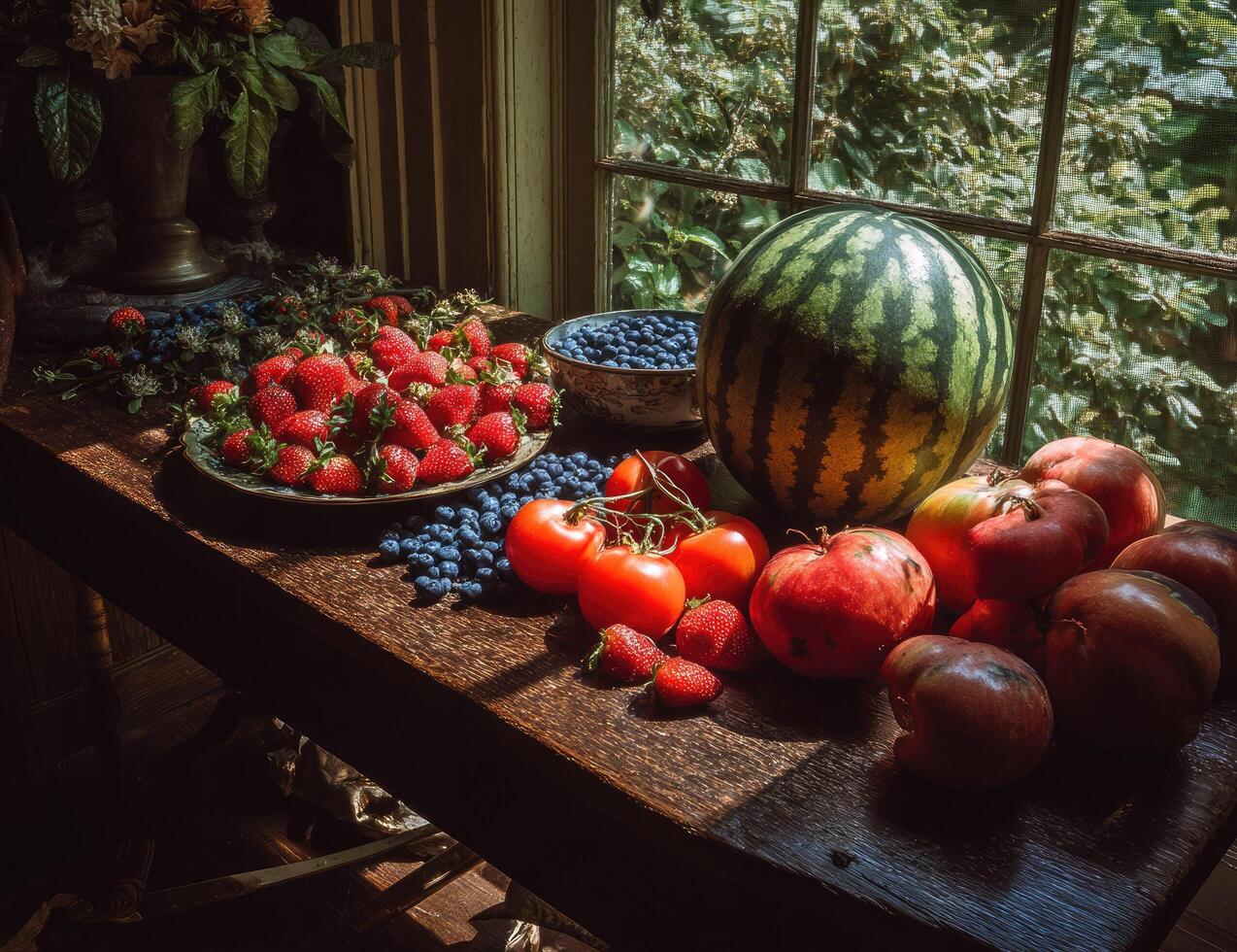Fresh fruits and vegetables arranged on a wooden table by a window photo