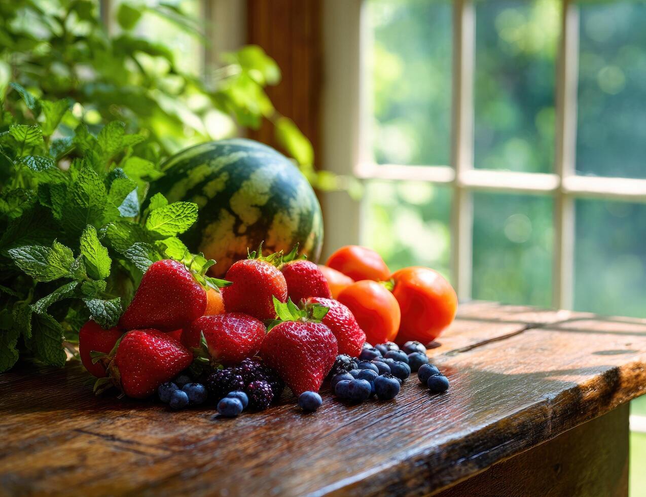 Fresh fruits and vegetables on a wooden table by a window photo
