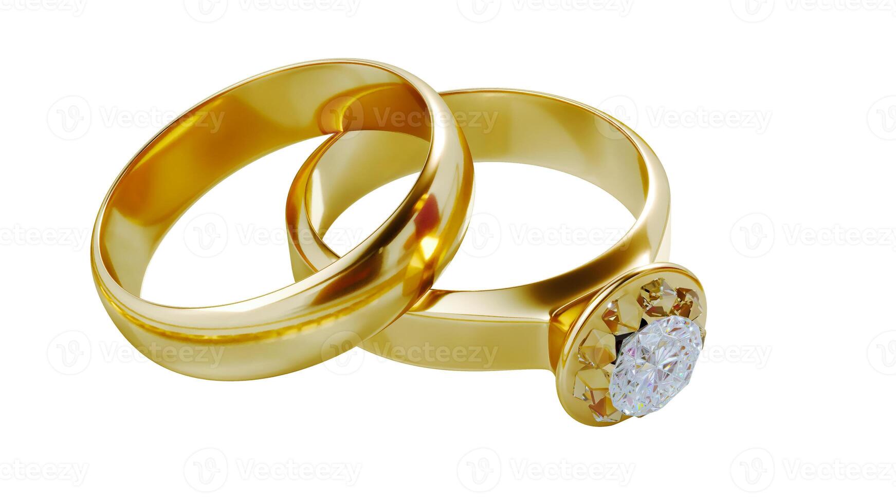 3D render of two golden wedding rings isolated on white background photo
