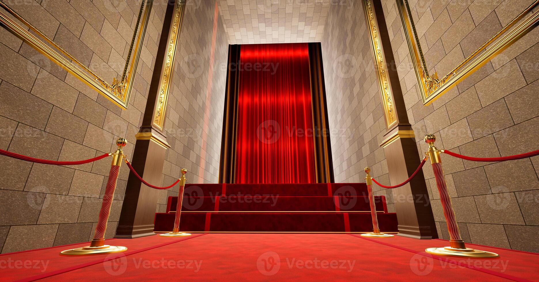 red carpet with golden barrieres leading to a red curtains entrance, photo