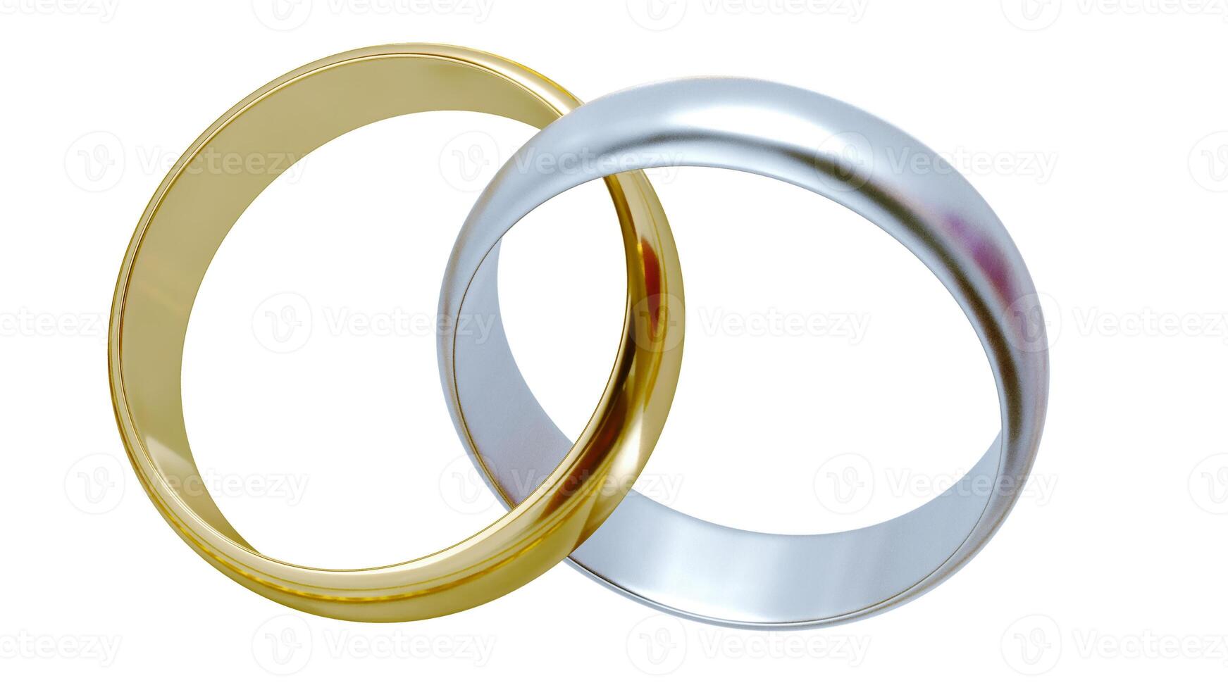 3D render of two golden and silver wedding rings isolated on white background photo