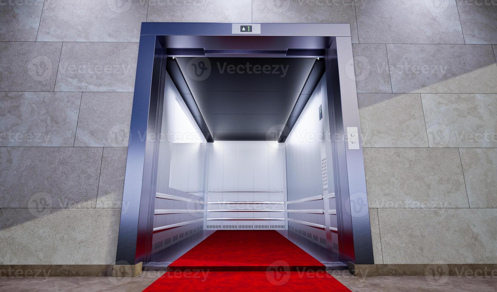 red carpet leading to open metallic silver elevator with concrete wall, Open elevator in business lobby photo