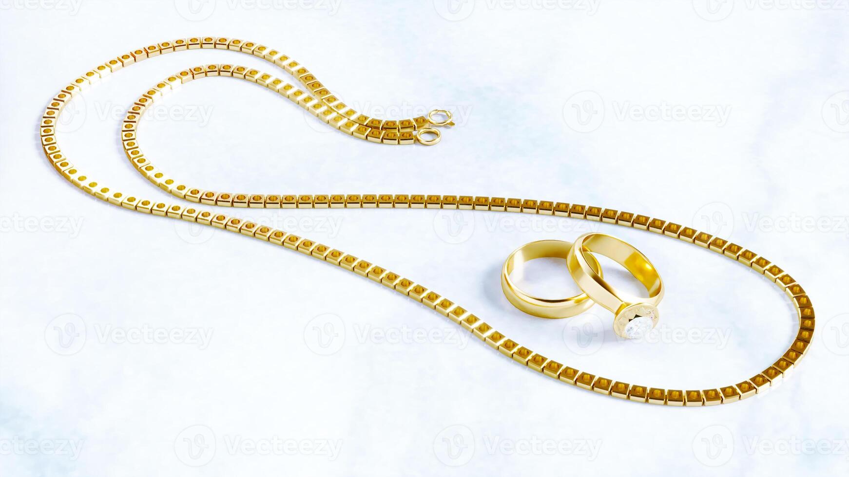 3D render of two golden wedding rings with golden chain isolated on grey background photo