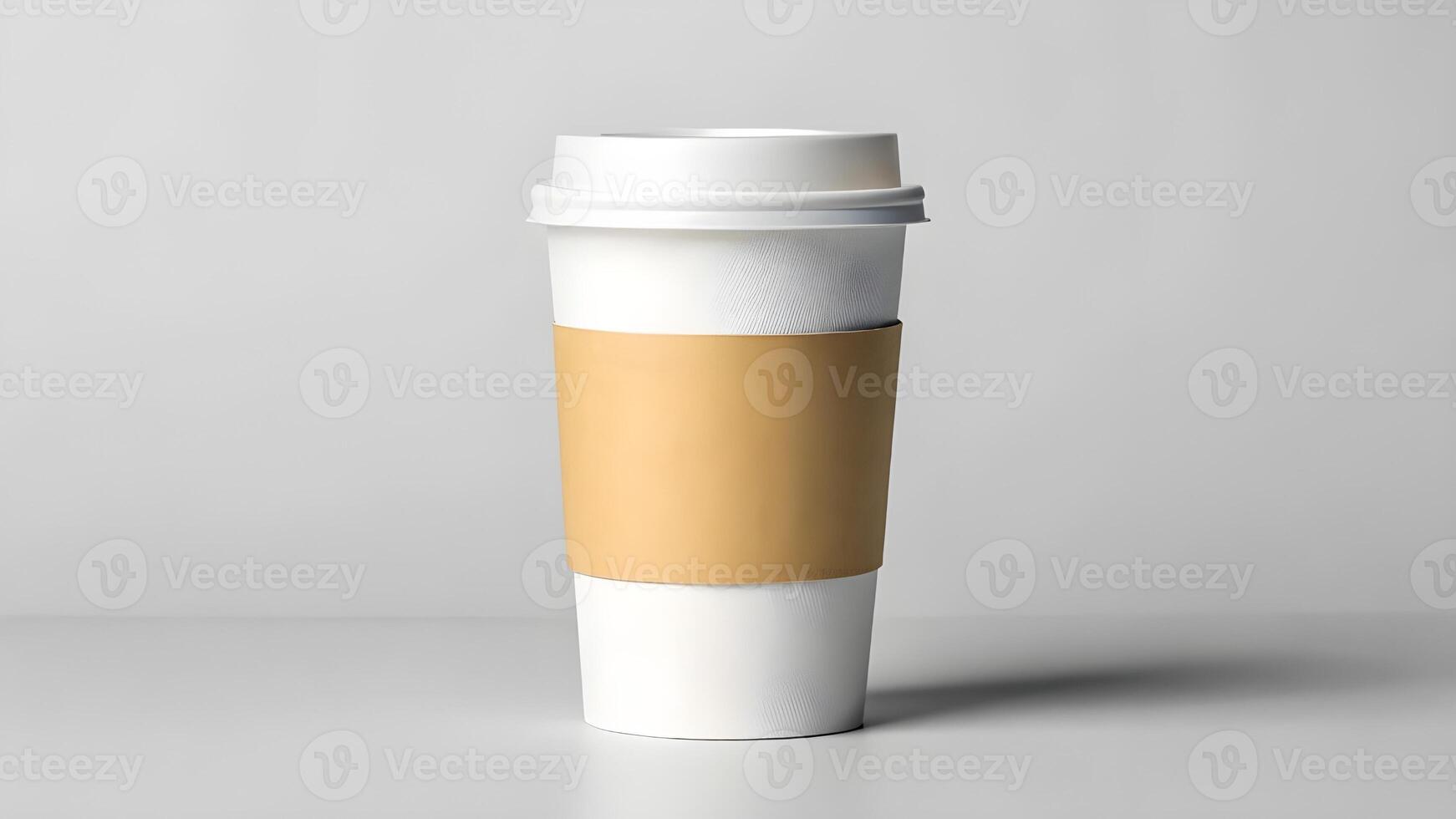 A coffee cup with a brown sleeve on a white surface photo