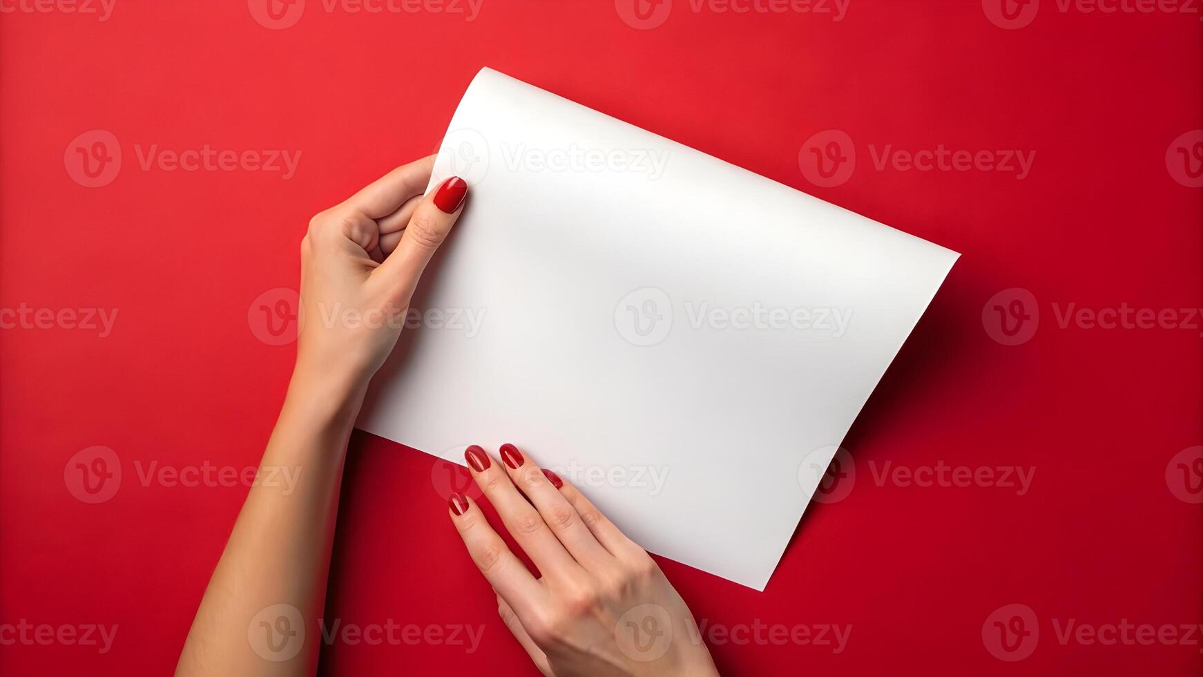Female hands holding a blank sheet of paper on a red background photo