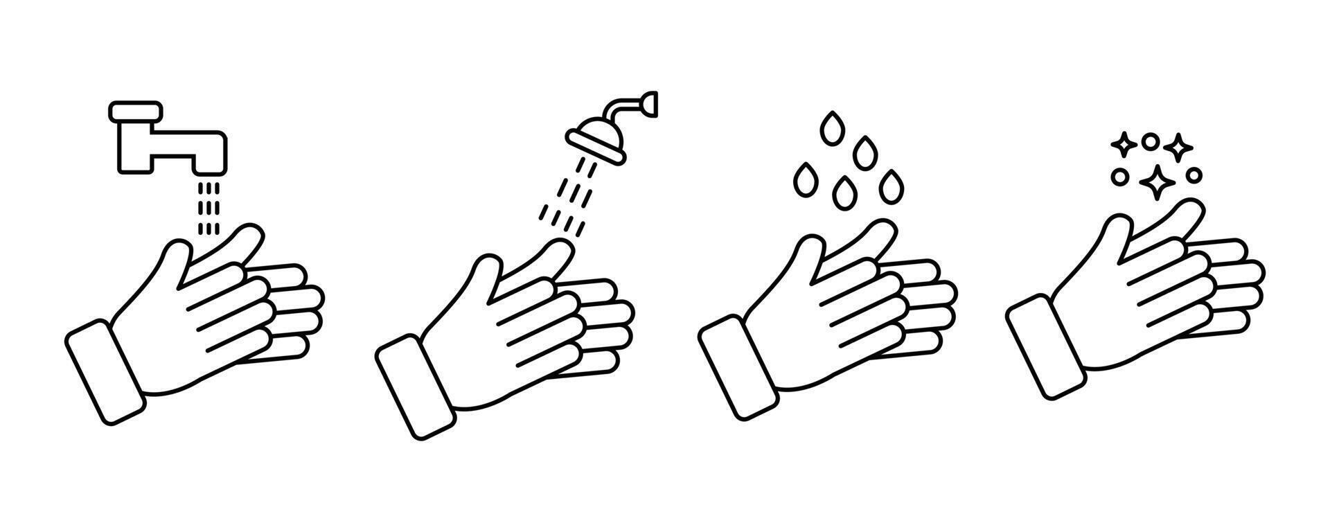 hand washing icon set. Wash hands icon in thin line Design. Wash your hands icons with shop bubble line illustration. vector