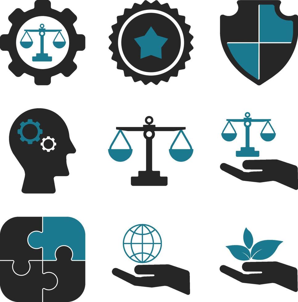 Business Ethics Icon Set - Honesty, Integrity, Commitment and Decision, Social Responsibility, Increased Corporate Values, Trustworthiness, Reliability, Teamwork, You Can Easily Change Color. vector