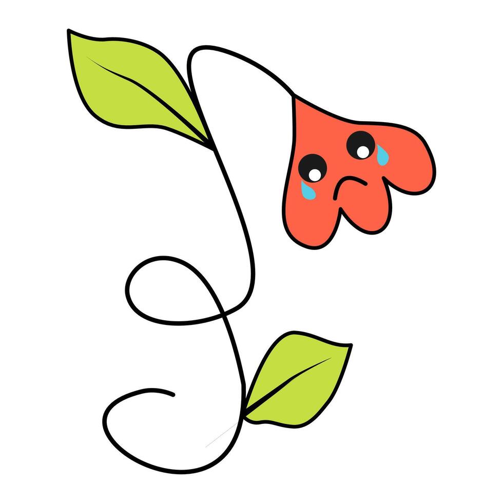 sad flower character emoticon with tears, 70's funky cartoon character concept. vector