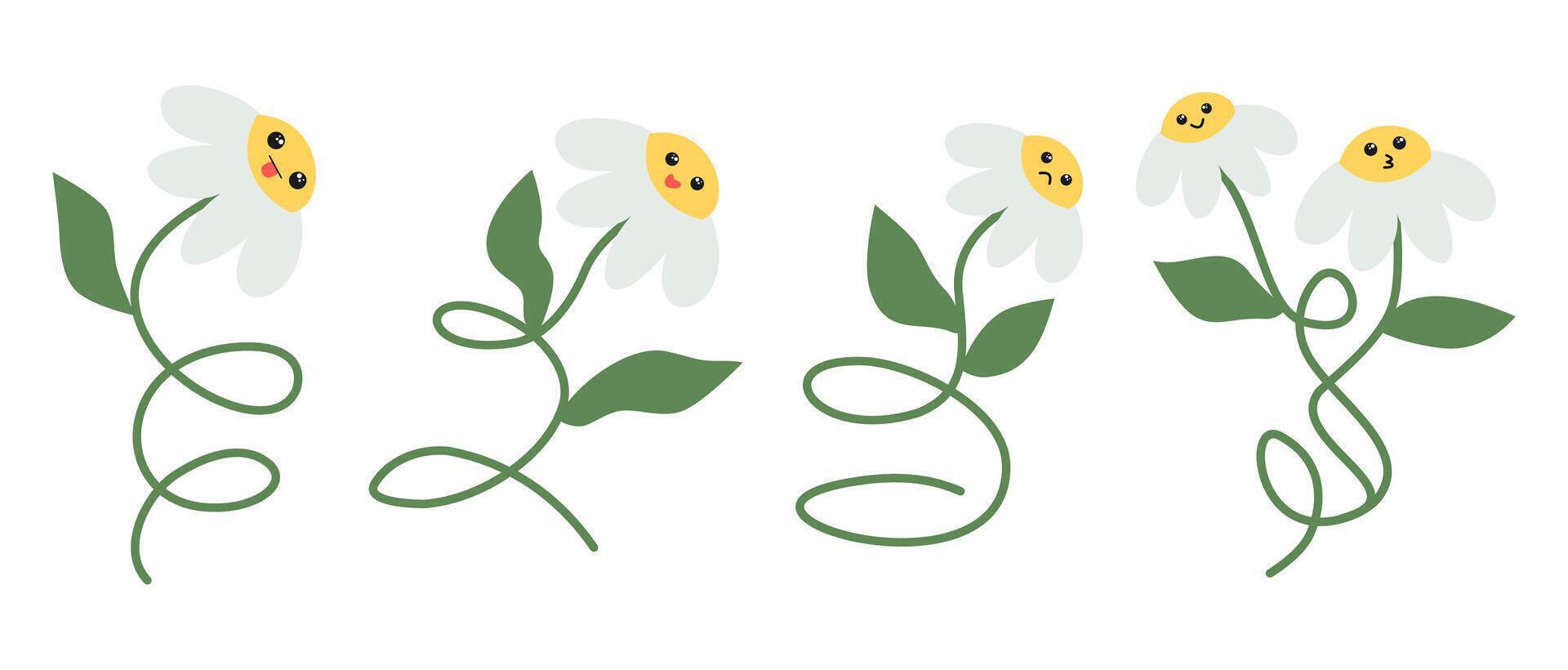 70's vintage groovy flowers collection of daisy flower, cartoon character illustration with cute face emotion set in retno 60s and 70s hippie style. vector