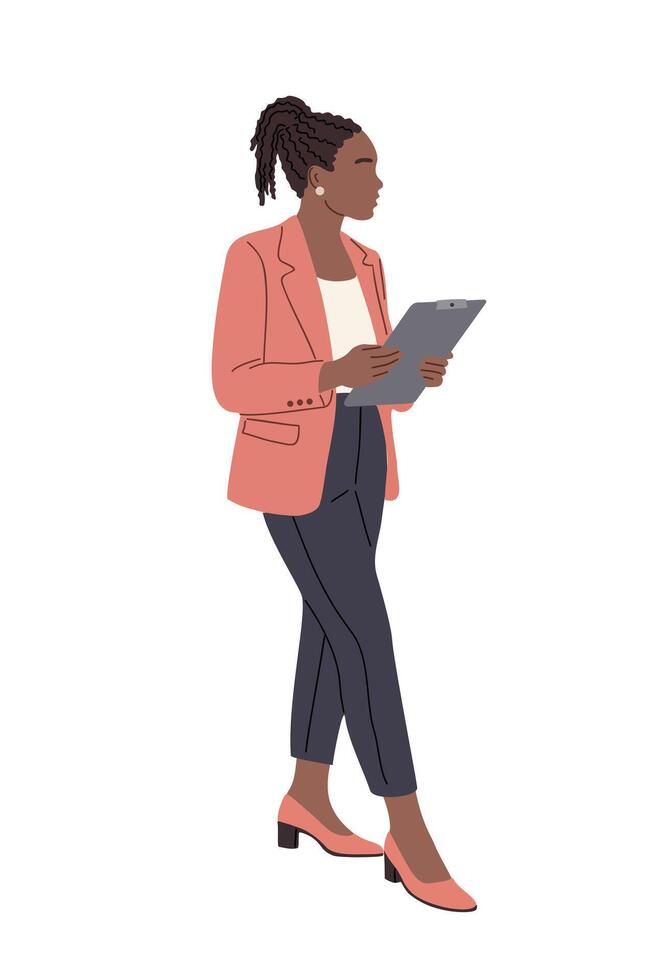 Black businesswoman holding a clipboard on white vector