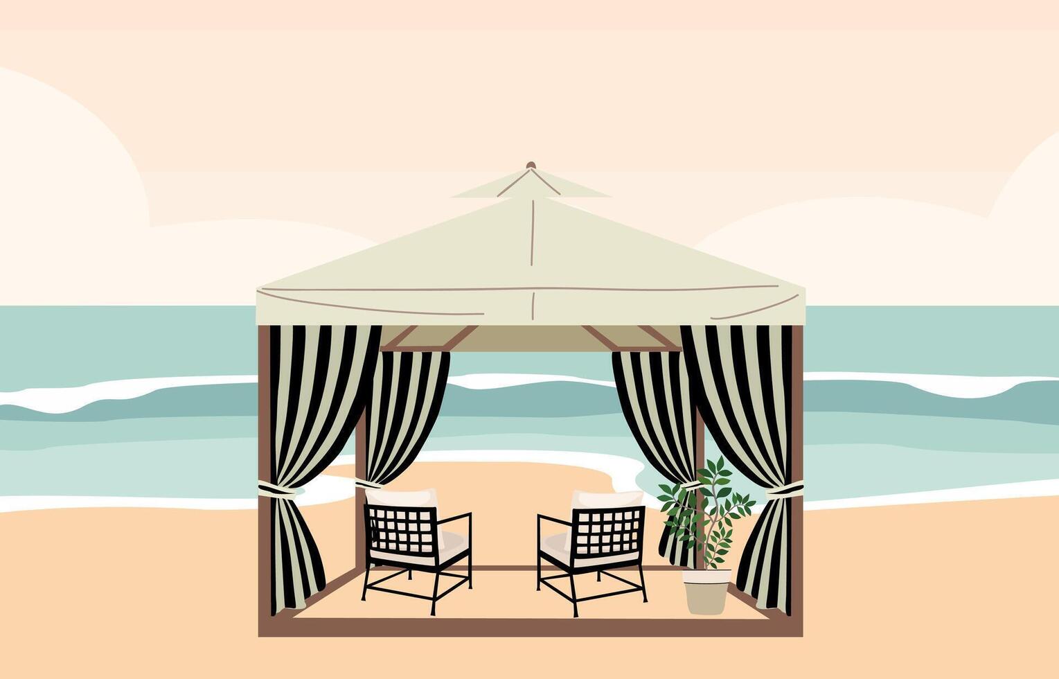 Beach pergola with beige tent and striped curtains vector