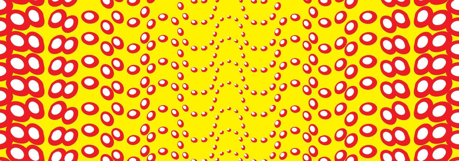 Dotted wavy line popart texture. Seamless patteren with polka dots egg shape. Yellow, red and white stylish abstract textuire. Artistic wave ornament vector