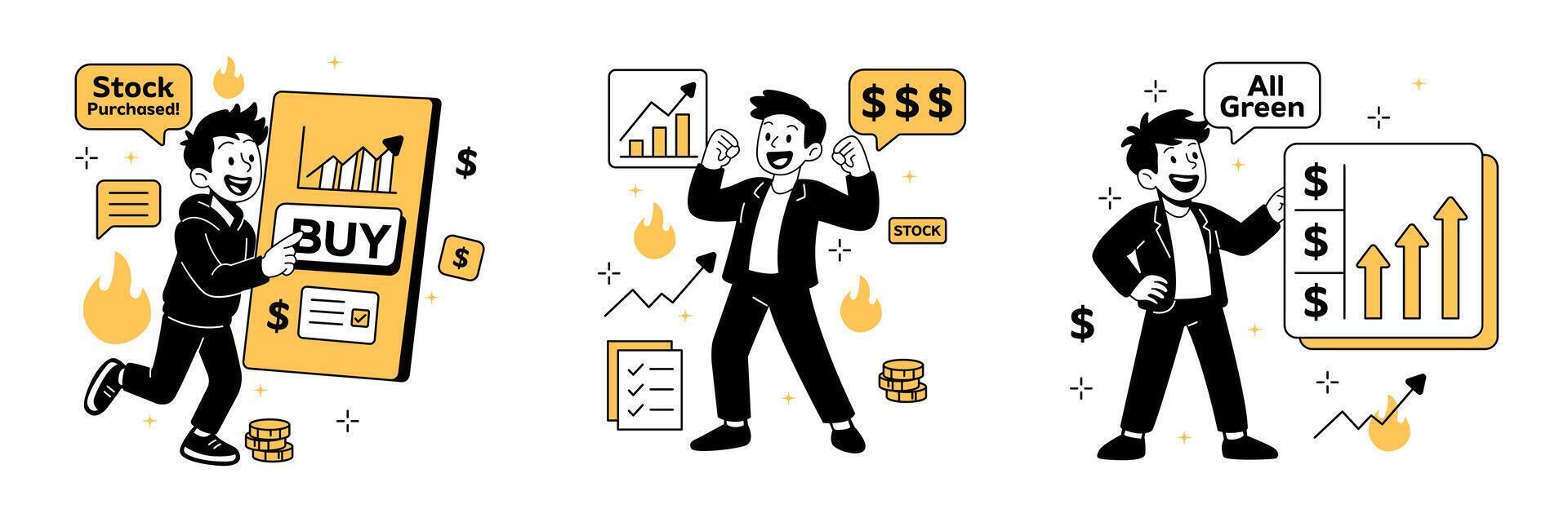 illustration of men and women trading stocks, analyzing charts. vector