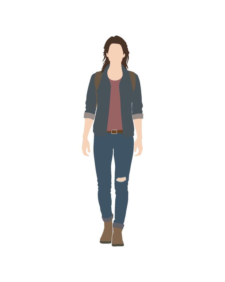 Woman walking with a backpack in dirty denim jacket vector