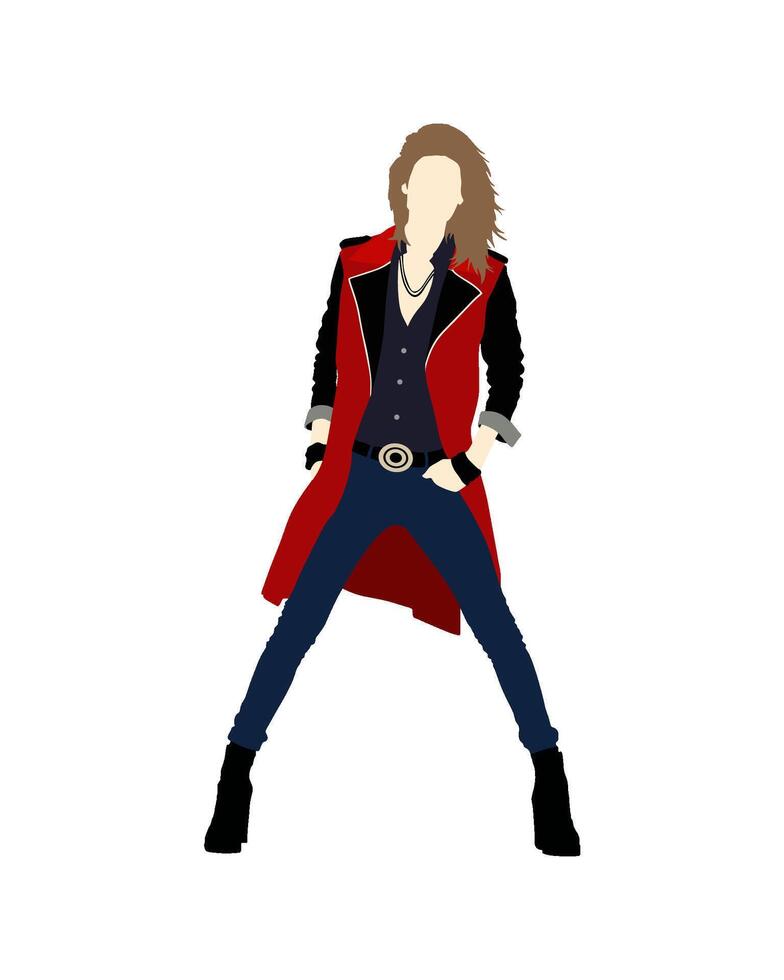 Stylish rocker posing in red coat and black boots vector