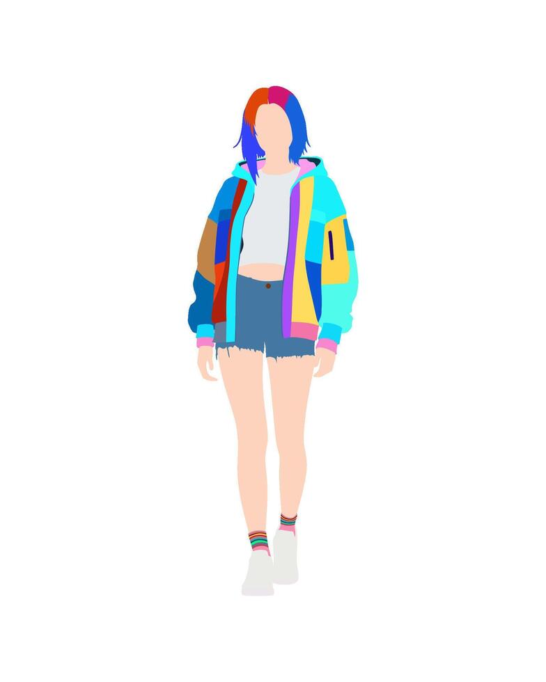 Woman in a colorful jacket and shorts, stylized and confident pose vector