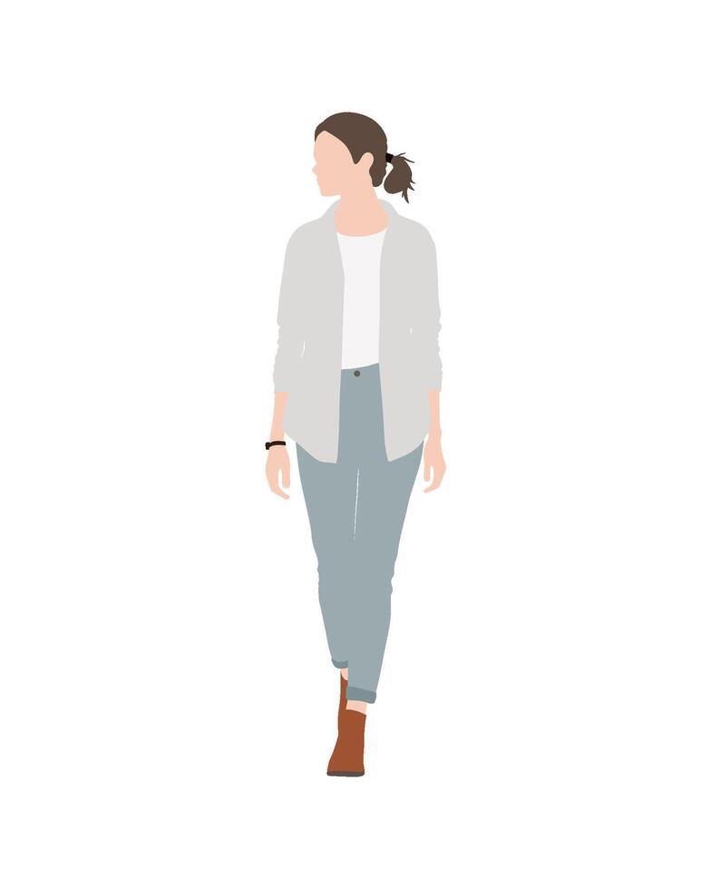 Woman walking in casual light tone attire with brown boots vector
