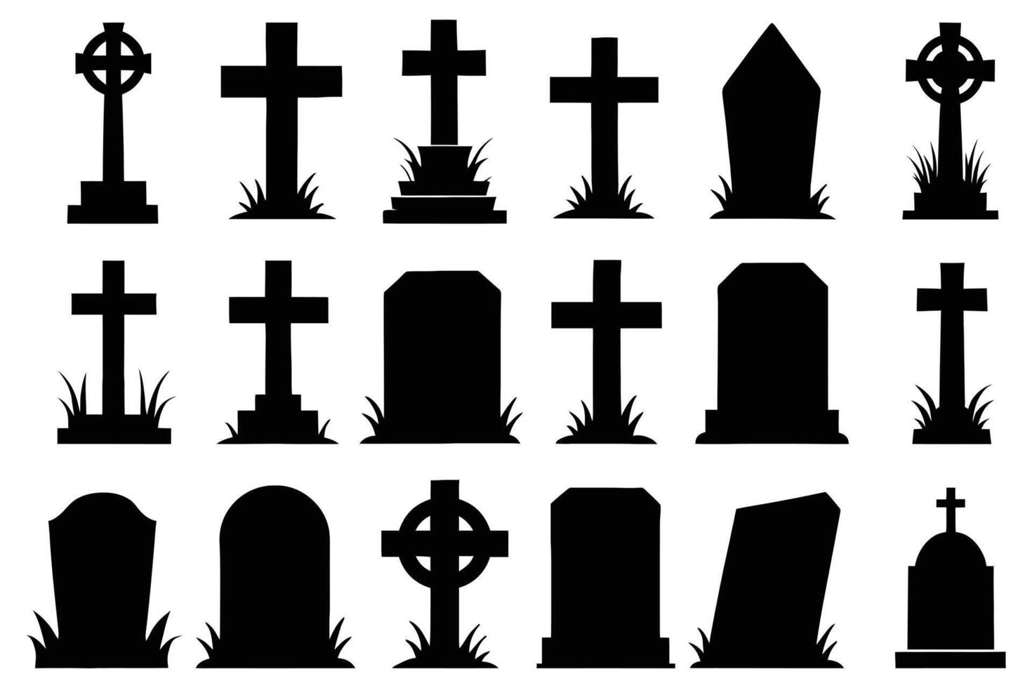 Gravestone and Tombstone Silhouette Bundle Cemetery Cross Clipart for Halloween and Gothic Designs vector