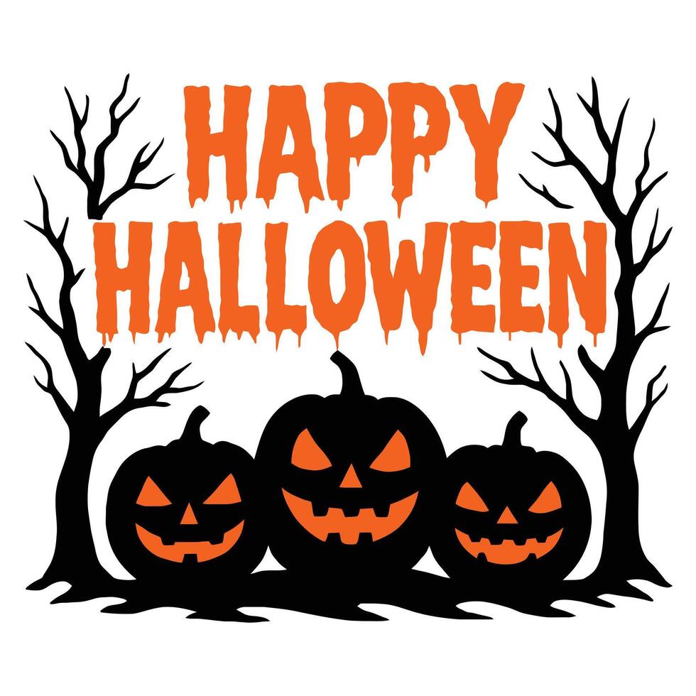 Happy Halloween Pumpkin Silhouette Design Spooky Trees, Jack-o'-Lanterns and Scary Font Art vector