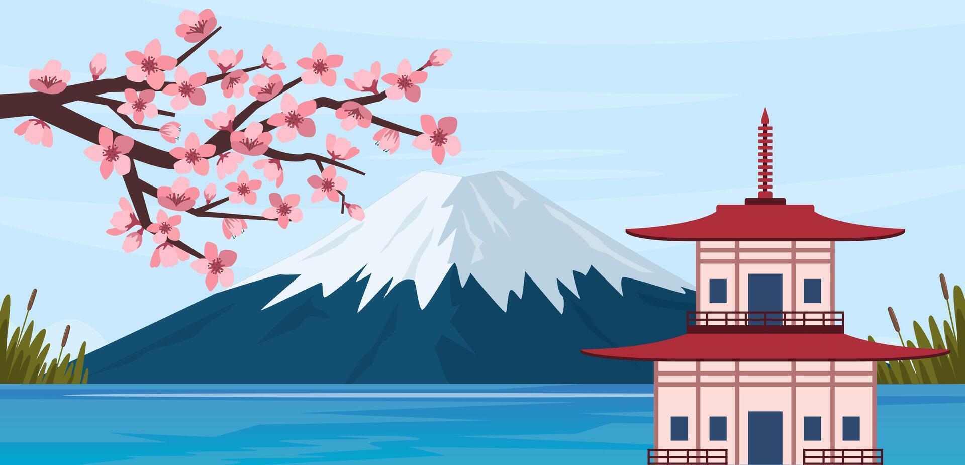 Landscape with pink cherry blossom, a mountain with a snowy peak and pagoda. Banner with sakura branch and Mount Fuji. illustration. vector