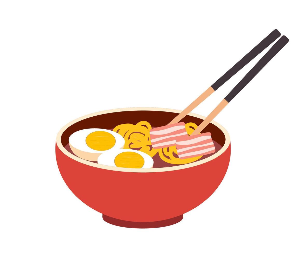 Spicy korean kimchi ramen Sundubu Ramyun, Ramyeon noodles . Asian korea noodles soup food icon design. Korean noodles soup with mushroom top view. Korean food menu. vector