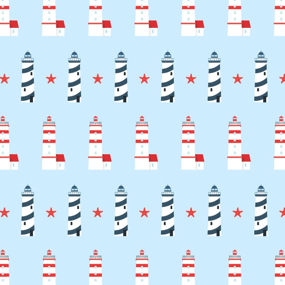 Lighthouse and starfish pattern. Marine architecture. Coastal lighthouses. vector